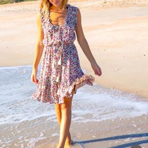 Natural Life XL Havana Nights Dress Ruffle Tie Ivory Red Floral Sleeveless Knee